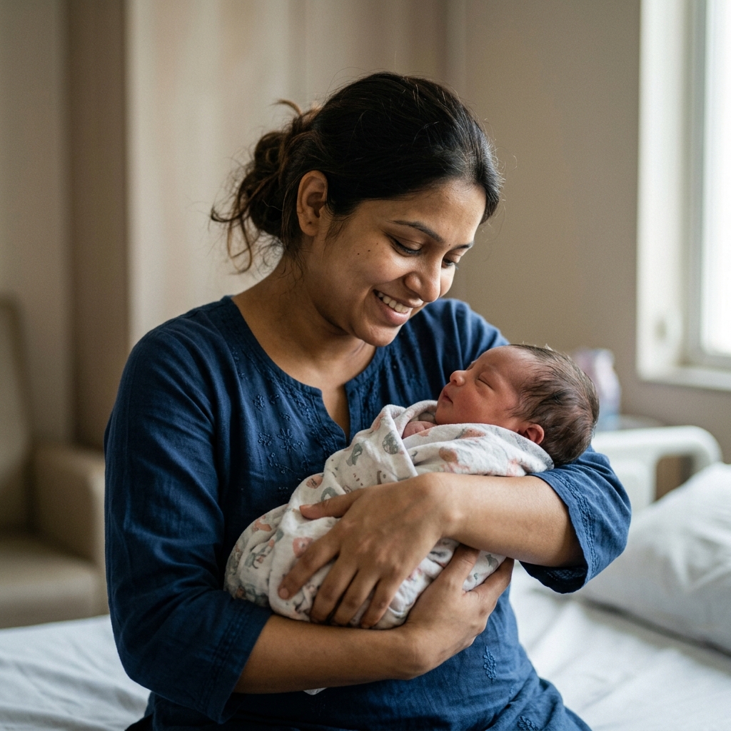 Happy mother with newborn baby in Mansarovar