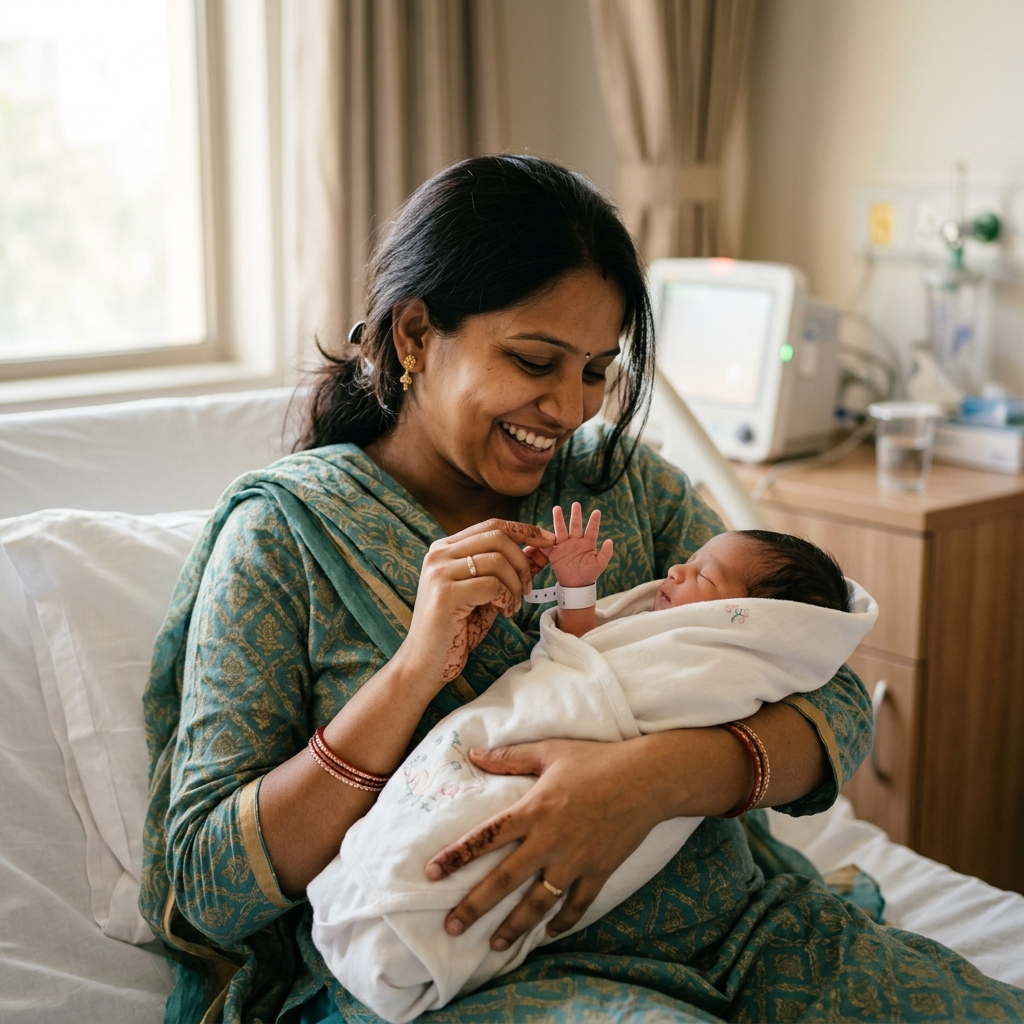 Happy mother with newborn baby in Mansarovar