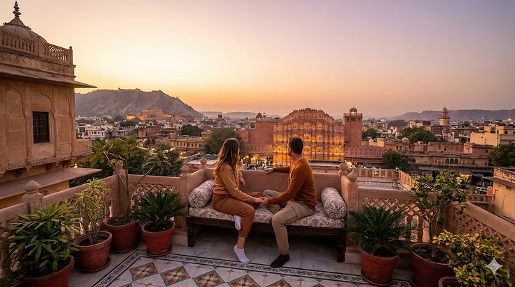 Couple sitting on balcony looking at Hawa Mahal in Jaipur at sunset
